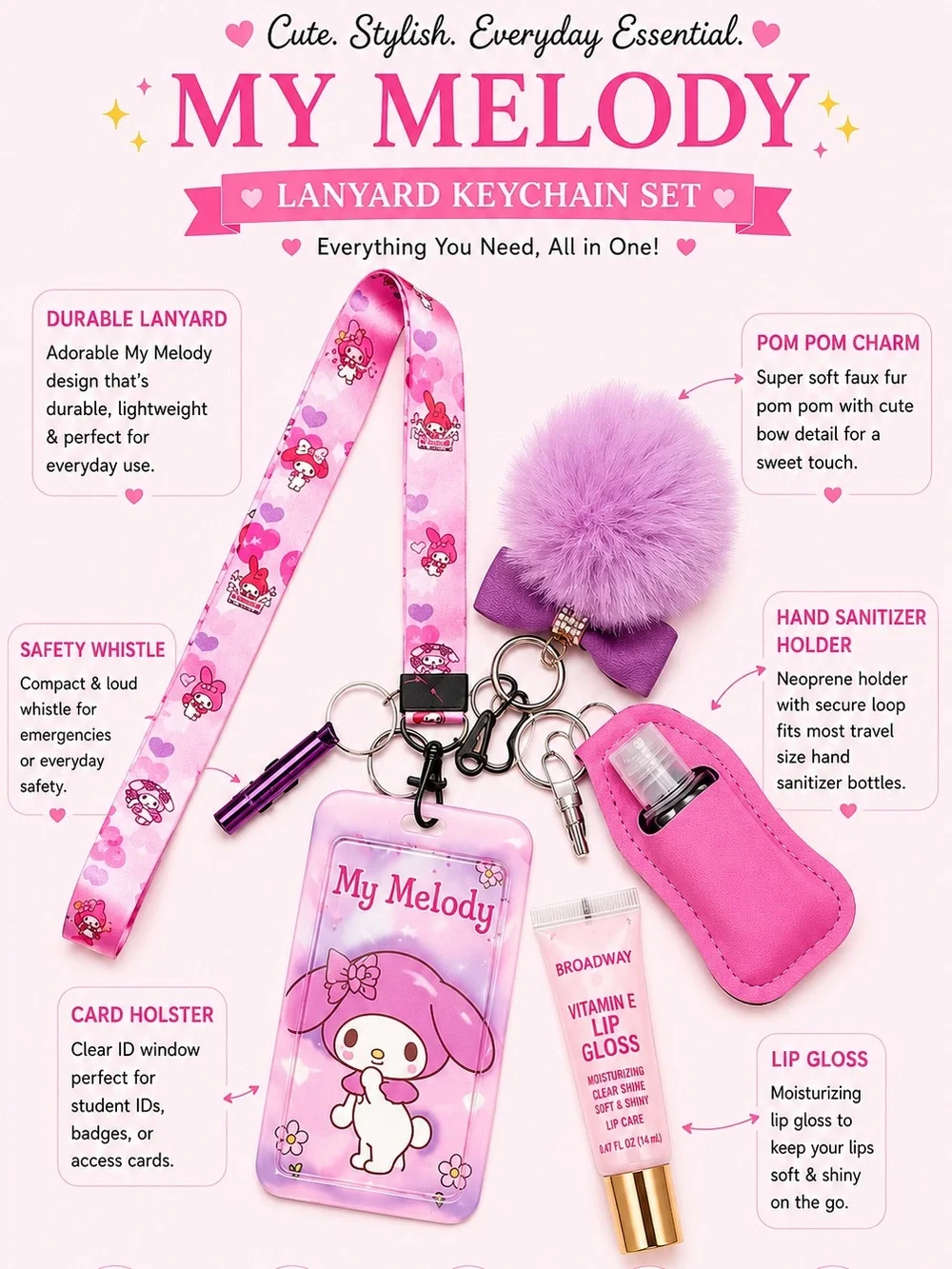 Sanrio My Melody Pink Lanyard Keychain Set with Pom Pom & Sanitizer Holder